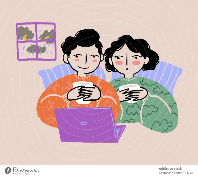 Cartoon-Paar schaut Film im Bett Karikatur Grafik u. Illustration zuschauen Filmmaterial gemütlich Laptop Heißgetränk Gewitter zu Hause erstaunt Schock wow omg