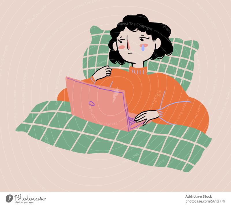 Traurige Cartoon-Frau, die einen Film ansieht und weint Karikatur Grafik u. Illustration Spannungsbogen zuschauen Laptop Einfühlungsvermögen Lügen Bett weinen