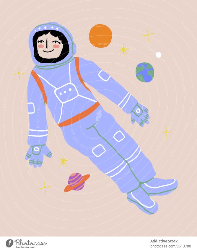 Glückliche Cartoon-Kosmonautin im Weltraum Frau Karikatur Grafik u. Illustration Astronaut Galaxie Schmuckkörbchen Planet Stern Missionsstation Lächeln jung