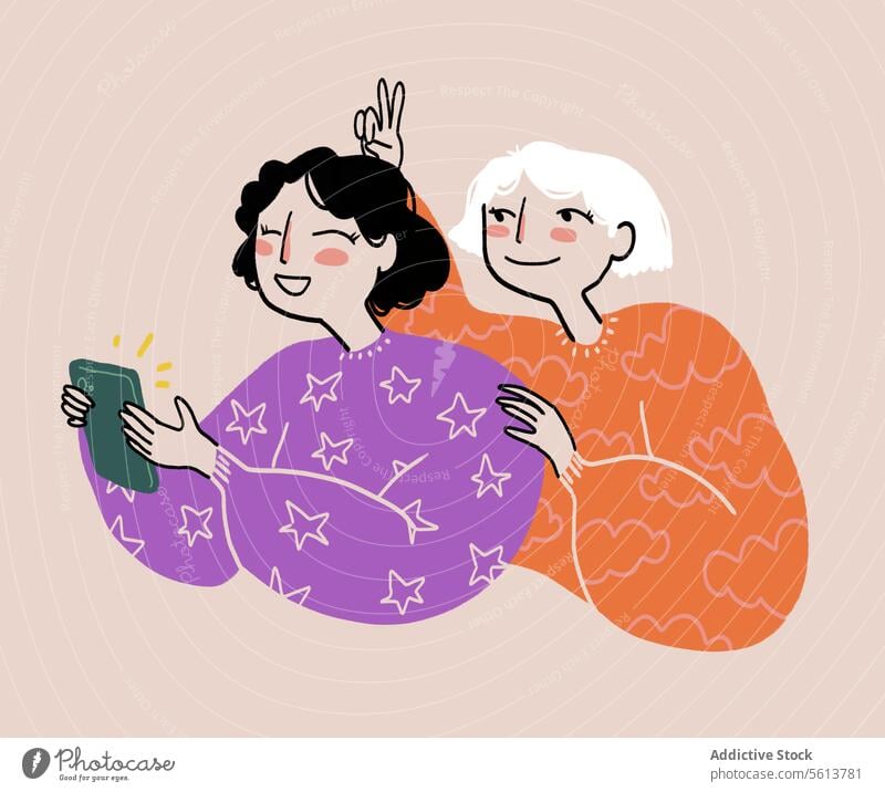 Cartoon Freundinnen nehmen Selfie auf Smartphone Frauen Karikatur Grafik u. Illustration benutzend Hasenohren zwei Finger Spaß haben Lächeln Glück heiter jung