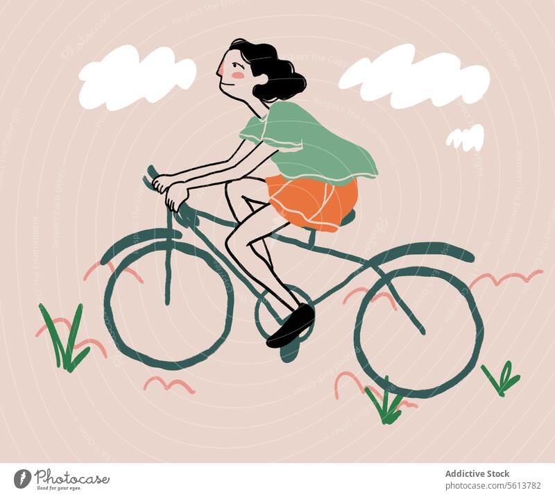 Cartoon-Frau fährt Fahrrad auf dem Lande Karikatur Grafik u. Illustration Mitfahrgelegenheit Aktivität Sommer Hobby Zyklus jung gewelltes Haar krause Haare
