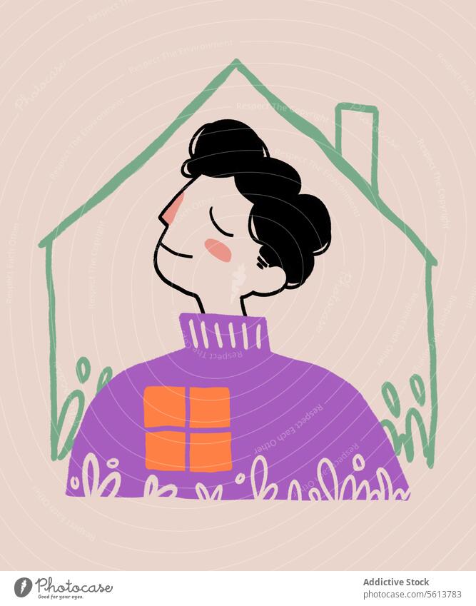 Cartoon Mann im Haus mit Fenster Karikatur Grafik u. Illustration wohnlich heimisch introvertiert Harmonie Komfort zu Hause Lächeln Glück männlich jung