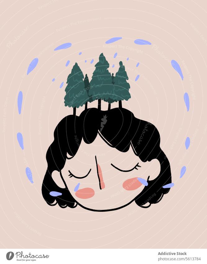 Cartoon Frau gießt Wald mit Tränen Karikatur Grafik u. Illustration weinen eingießen Fichte Trauer Wassertropfen Regen jung krause Haare gewelltes Haar