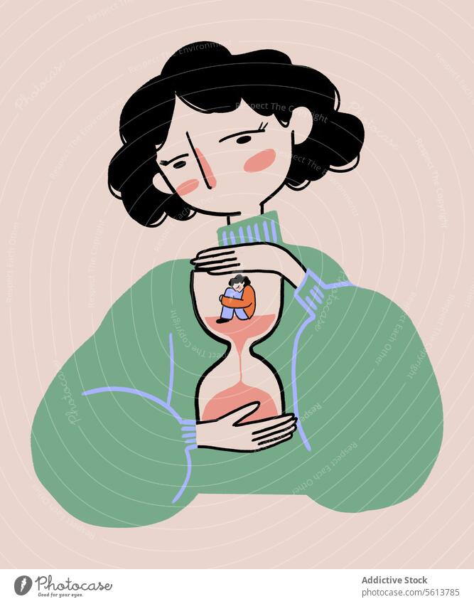 Cartoon-Frau hält Sanduhr mit sich selbst darin Karikatur Grafik u. Illustration Druck Zeit Problematik Stress herunterzählen Frist jung gewelltes Haar