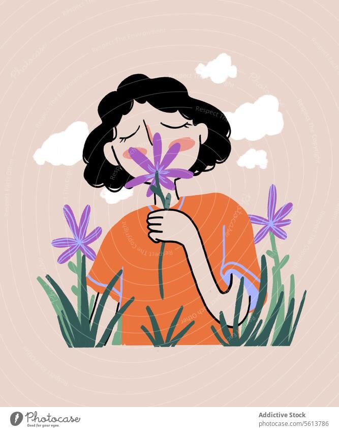 Cartoon Frau riecht Wildblume in der Natur Karikatur Grafik u. Illustration sinnlich riechen Blume Aroma Landschaft Cloud jung krause Haare Schwarzes Haar