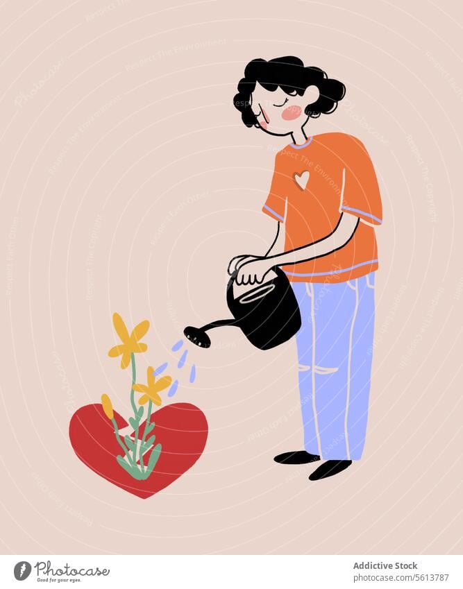 Cartoon Frau gießt Blumen in gebrochenes Herz Karikatur Grafik u. Illustration eingießen Wasser Gießkanne Auflösung jung krause Haare Schwarzes Haar T-Shirt