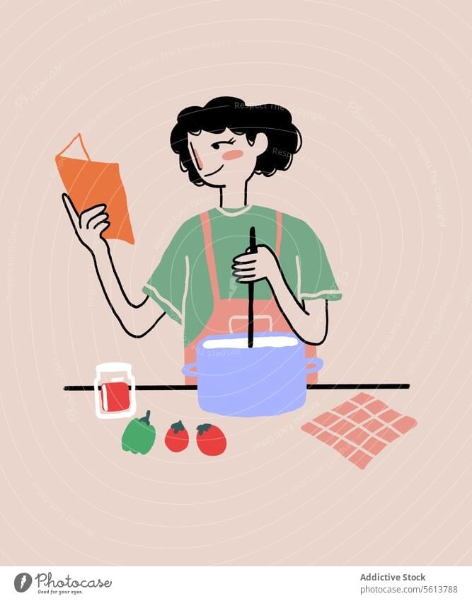 Cartoon Frau liest Rezept beim Kochen Karikatur Grafik u. Illustration rühren Lebensmittel Topf lesen Buch Lächeln jung gewelltes Haar krause Haare