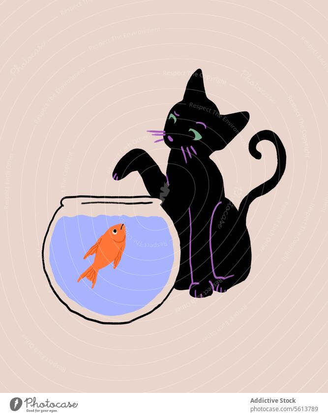 Cartoon Katze spielt mit Fischen im Aquarium Grafik u. Illustration Karikatur spielen Tank Wasser Tier Haustier heimisch Pfote spielerisch Fauna katzenhaft
