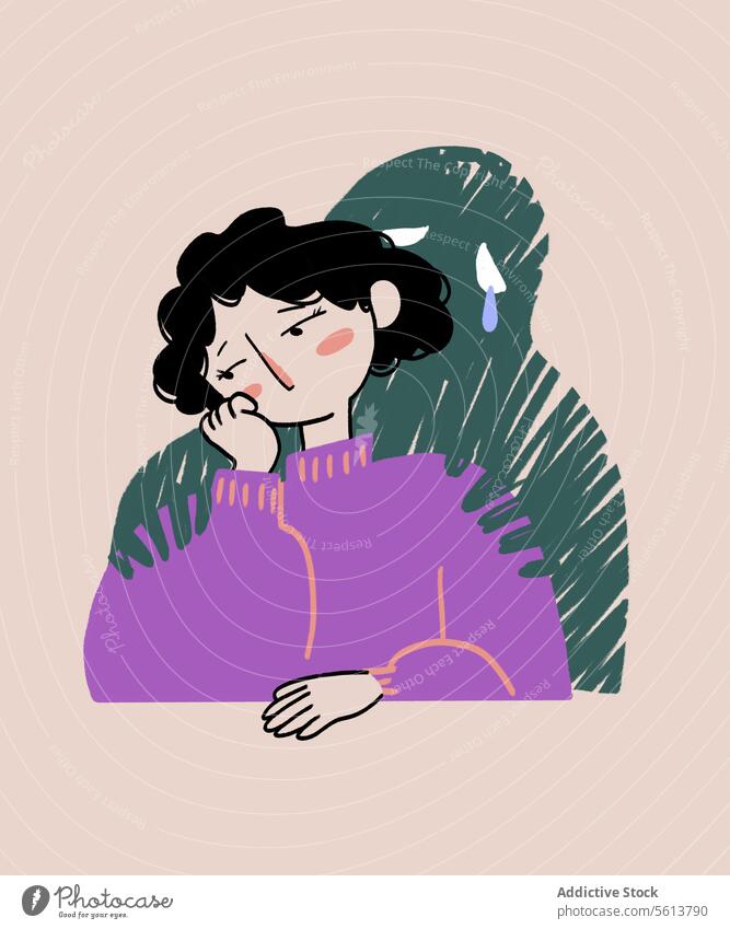 Einsame Cartoon-Frau im Pullover, die Traurigkeit ausdrückt Karikatur Grafik u. Illustration Trauer unsichtbar Kreatur Umarmung weinen traurig unglücklich jung