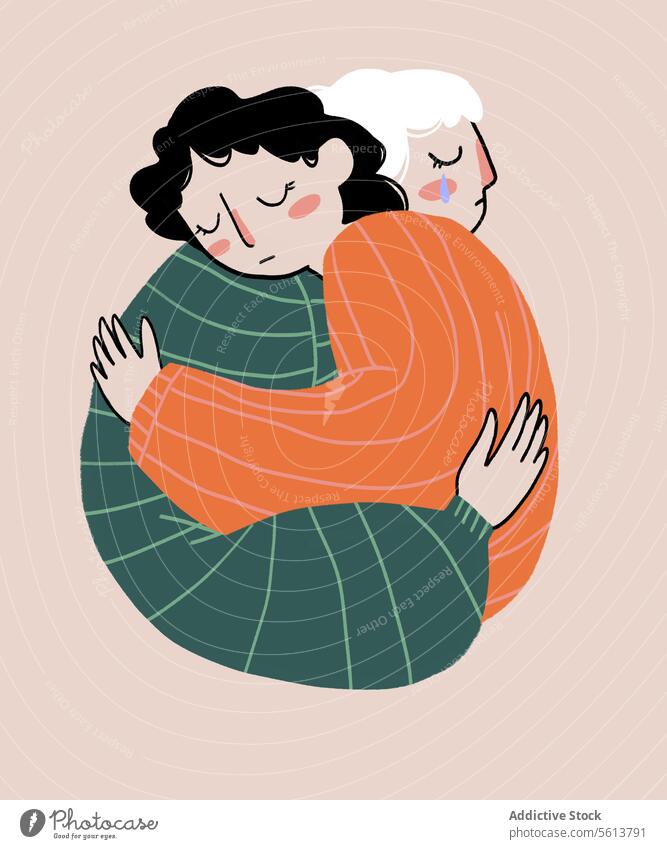 Cartoon-Freundinnen umarmen sich und unterstützen sich gegenseitig Frauen Karikatur Grafik u. Illustration Umarmung Einfühlungsvermögen traurig weinen abstützen