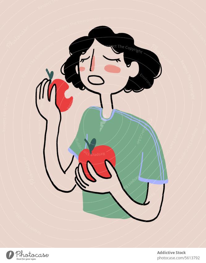 Cartoon Frau isst roten Apfel Karikatur Grafik u. Illustration essen Biss Frucht gesunde Ernährung Vegetarier Vitamin jung krause Haare Schwarzes Haar T-Shirt