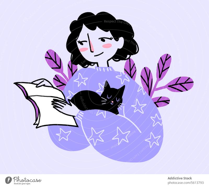 Cartoon-Frau mit schwarzer Katze, die ein Buch liest Karikatur Grafik u. Illustration lesen Leseratte Haustier Hobby Literatur Lächeln jung gewelltes Haar