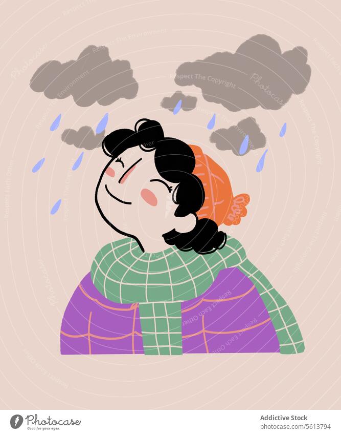 Cartoon weiblicher Optimist lächelnd unter Regen Frau Karikatur Grafik u. Illustration bedeckt warme Kleidung Wetter Persönlichkeit Stimmung Lächeln Glück jung