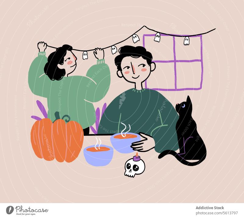 Cartoon-Paar dekoriert Haus für Halloween Karikatur Grafik u. Illustration Geist Girlande Katze Heißgetränk Kürbis dekorieren jung gewelltes Haar krause Haare