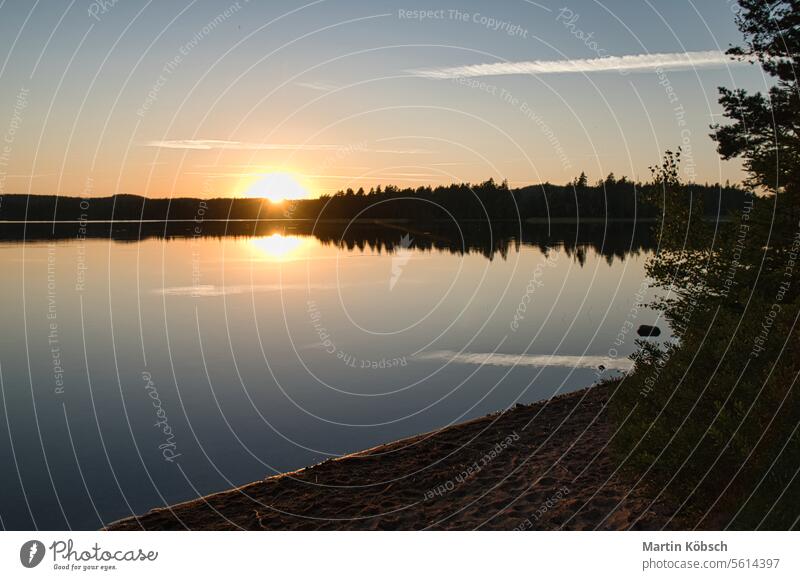 Sonnenuntergang mit Spiegelung auf einem schwedischen See in Smalland mit Büschen im Vordergrund Reflexion & Spiegelung reisen kleinund Schweden Leichtigkeit