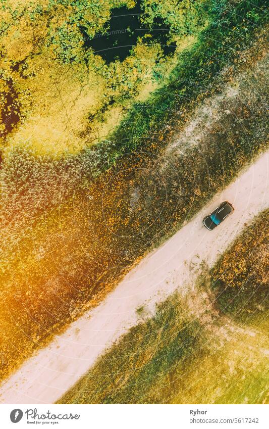 Aerial View Of Car SUV Parked Near Countryside Road, Summer Field Rural Landscape near bog marsh swamp Szene Crossover Straße schön Ansicht Landschaft suv