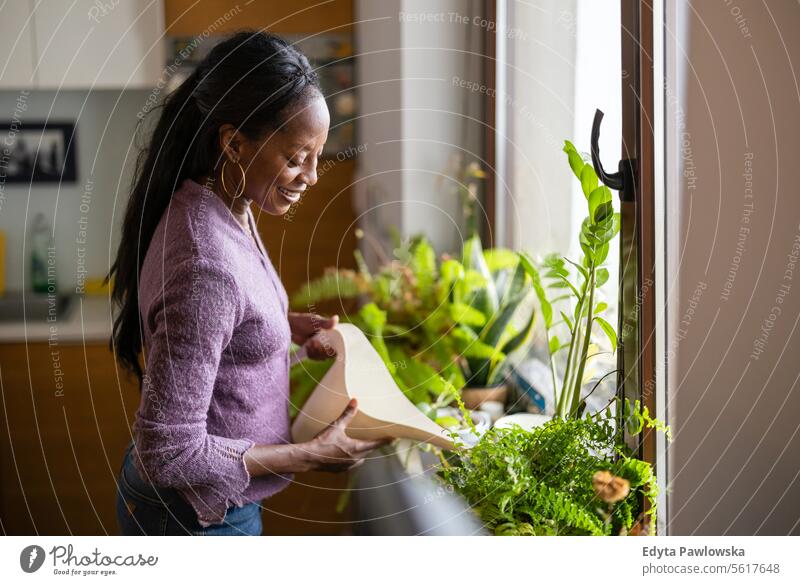 Schöne Frau bewässert Pflanzen zu Hause Menschen Freude schwarz natürlich attraktiv schwarze Frau Fröhlichkeit Glück echte Menschen reif Erwachsener