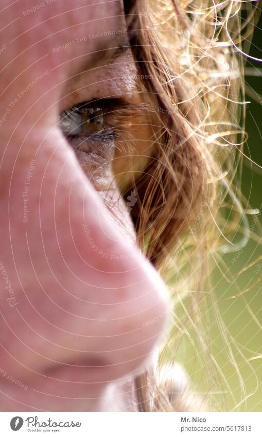 woman Nahaufnahme Augenfarbe Gesichtsausschnitt natürlich Wimpern Neugier Gefühle Sommersprossen Augenbraue authentisch beobachten Locken Haare & Frisuren