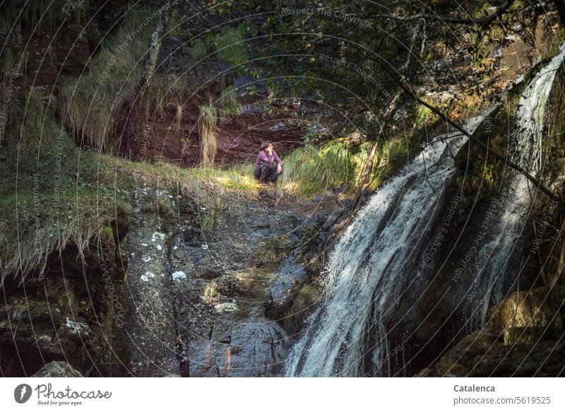 Mann in nachdenklicher Pose am Wasserfall Felsen Umwelt Natur Tageslicht Sommer Wassserfall Person beobachten Gras nass sitzen Grün Braun felswand Bäume