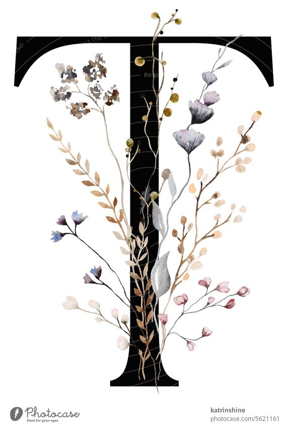 Schwarzer Großbuchstabe T mit braunen Herbst Aquarell Wildblumen und Blätter, isolierte Illustration botanisch Charakter Zeichnung Element Garten handgezeichnet