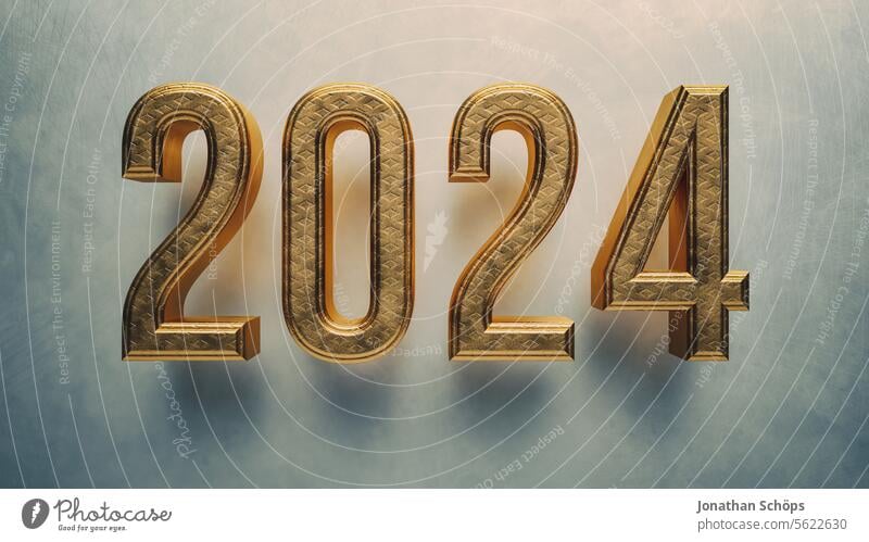Jahr 2024 Schrift, Text, Typografie, 3D Rendering, goldene Buchstaben Silvester Jahreswechsel Neujahr neues Jahr Jahreszahl Zahl Neujahrsvorsätze Prognosen