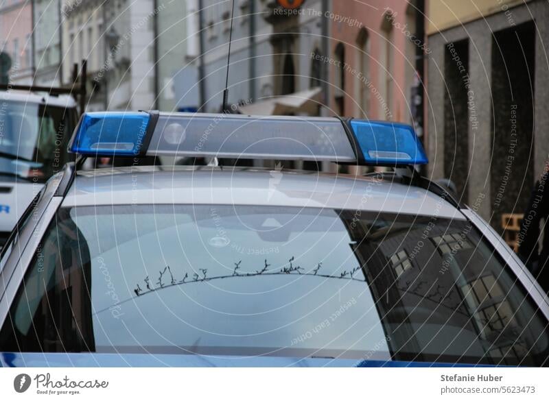 parkendes Polizeiauto in Altstadt Windschutzscheibe Spiegelung Blaulicht Rundumleuchte Advent Fahrzeug Außenaufnahme Reflexion & Spiegelung Straße PKW