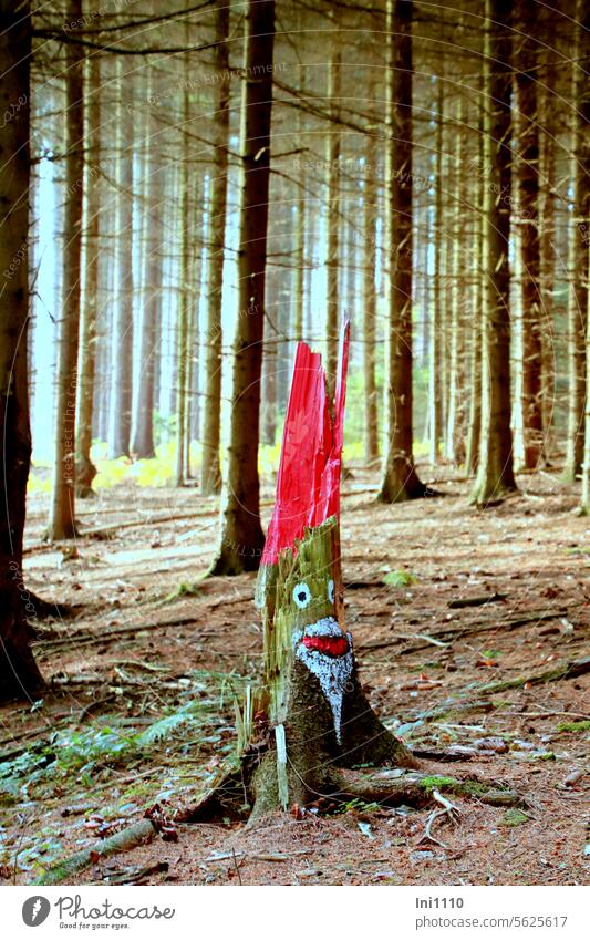 Weihnachten auch im Wald Weihnachtszeit Fichtenwald abgebrochen gesplittert Baumstumpf Farbe kreativ lustig bemalt Nikolaus Nikolausmütze Nikolausgesicht Bart