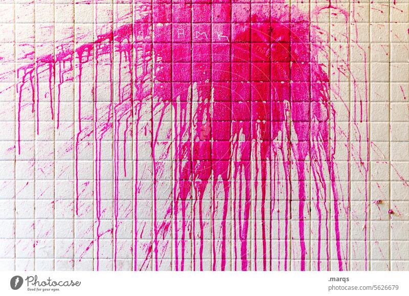 Treffer Schmiererei spritzen Fleck Farbstoff Farbe rosa Wand Mauer Muster trashig Design Kollision Farben und Lacke Dynamik Flüssigkeit Graffiti Anstreicher