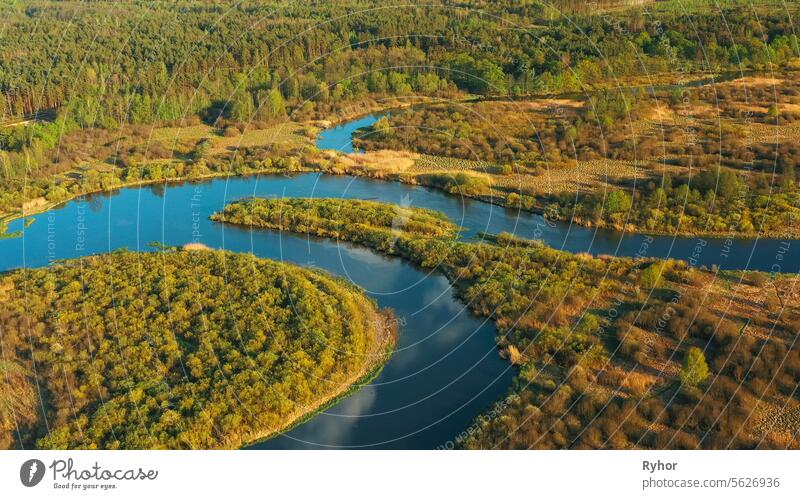 4K Luftaufnahme Grüne Wiese und Wald an der Küste des gekrümmten Flusses Landschaft in sonnigen Sommertag. Top View of Beautiful European Nature From Attitude
