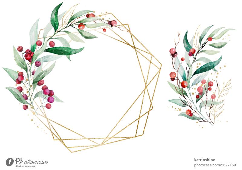 Weihnachtsstrauß und Rahmen mit Aquarell Zweige mit grünen Blättern und roten Beeren. Feiertage Illustration Weihnachten Dekoration & Verzierung Zeichnung
