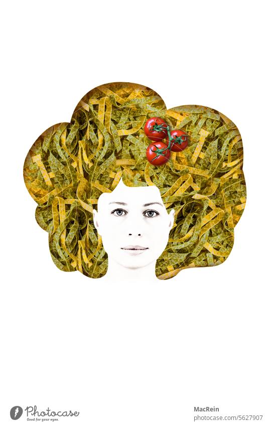 Portrait einer Frau mit einer Tagliatelle-Frisur tagliatelle teigware teigwaren tomaten essen eiernudel eiernudeln frau haare gesicht italienisch konzept