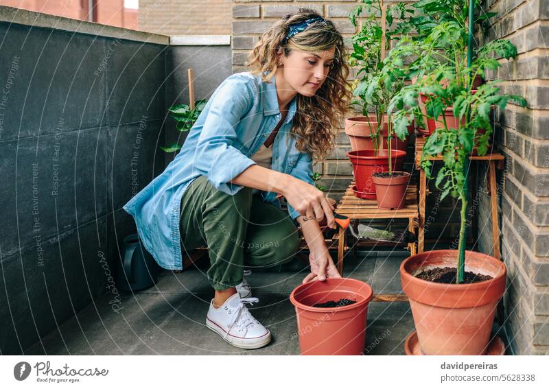 Frau benutzt eine Schaufel, um einen Pflanzentopf im städtischen Garten auf der Terrasse mit Erde zu füllen Gärtner besetzen Werfen Verguss Boden Topf urban