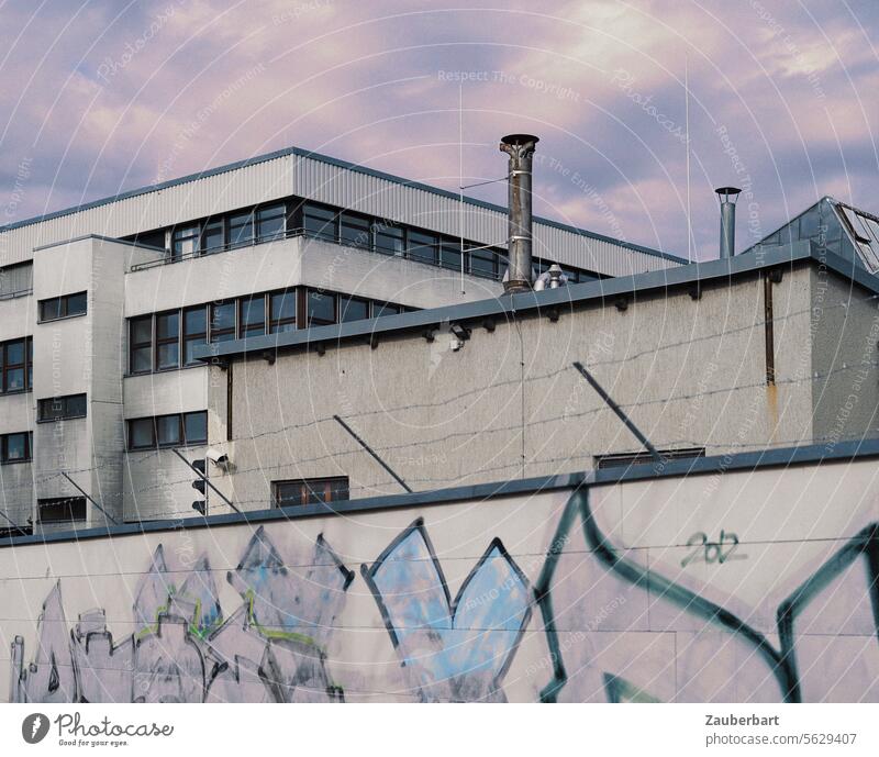 Modernes Gebäude hinter Mauer mit Graffiti in Pastellfarben, lila und blau, mit passendem Himmel dazu Mehrzweckgebäude Bürogebäude langweilig standard pastell