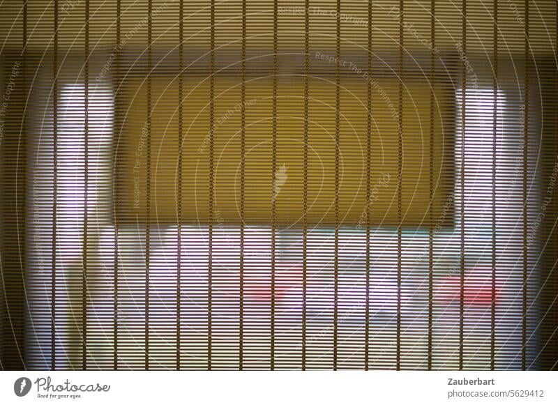 Ausblick durch feine Lamellen auf eine Straße in unwirklicher Verfremdung Fenster verfremdet Auto verträumt verborgen verhangen versteckt künstlerisch
