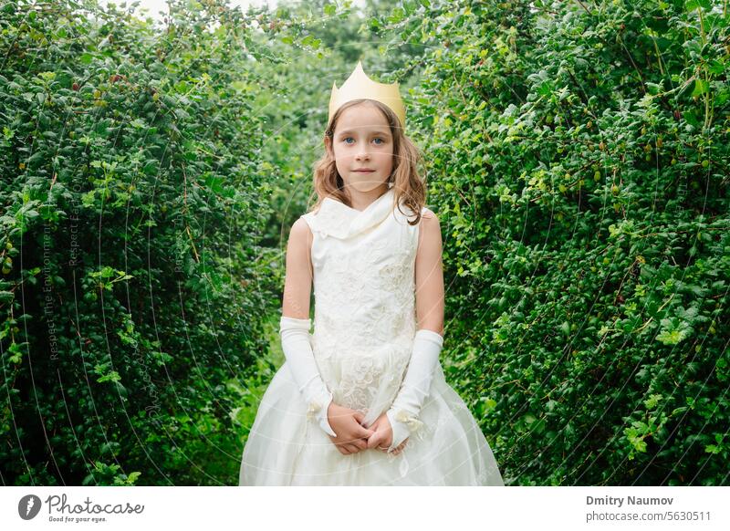 Außenporträt eines Mädchens im Grundschulalter, das ein Prinzessinnenkleid und eine Papierkrone trägt und im nassen Garten steht und in die Kamera schaut