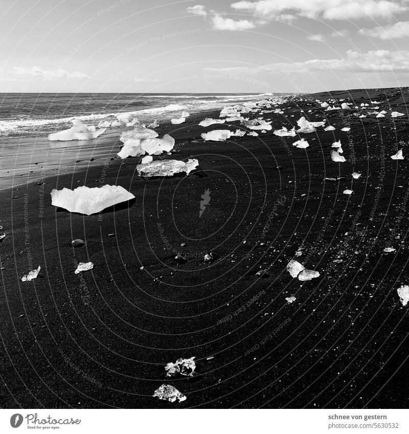 Eis auf schwarzem Strand Natur Küste Landschaft Eisberg Farbfoto Klima Meer Jökulsárlón Wasser Außenaufnahme Umwelt Ferien & Urlaub & Reisen Menschenleer