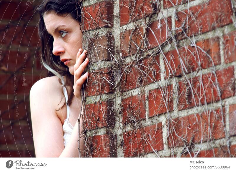 woman um die ecke Mauer neugierig versteckend Neugier beobachten Angst Kopf um die ecke gucken feminin Oberkörper Blick Einsamkeit Schüchternheit spinksen scheu