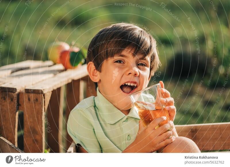 Niedliches Kleinkind, das Apfelsaft trinkt. Kind in Holzkiste im Obstgarten. Äpfel Hintergrund gemischt Flasche Junge Junge Kinder heiter Kindheit Cocktail