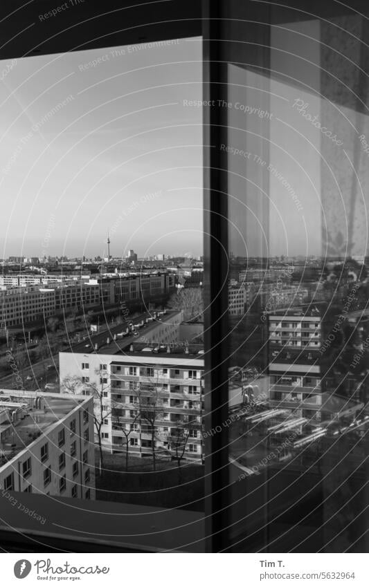 Blick aus dem Fenster Berlin Lichtenberg s/w Plattenbau Architektur Stadt Gebäude Menschenleer Außenaufnahme Tag Schwarzweißfoto Fassade Bauwerk Stadtzentrum