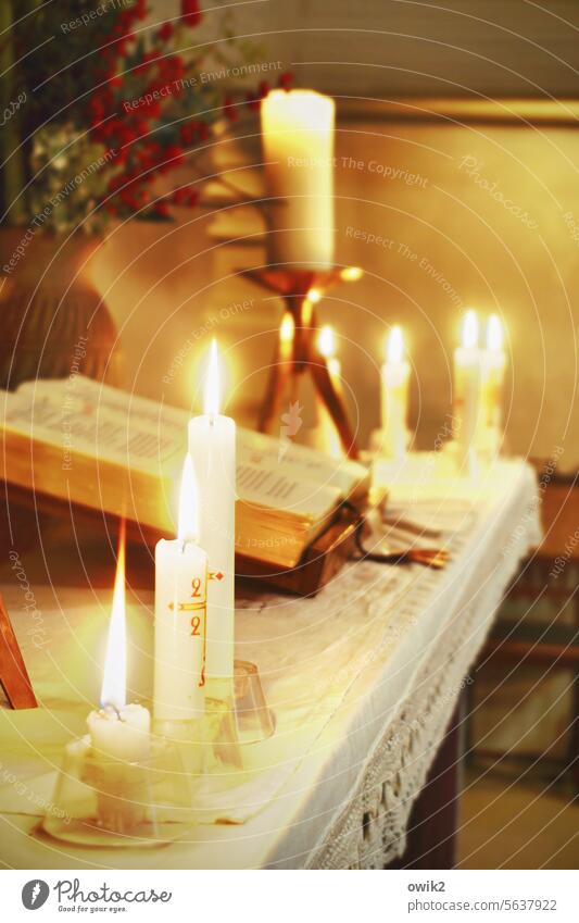 Brennelemente Altarkerzen Kerzenlicht Flamme brennende Kerzen leuchten Altarraum Religion & Glaube Spiritualität freundlich Licht Hoffnung andächtig Stille