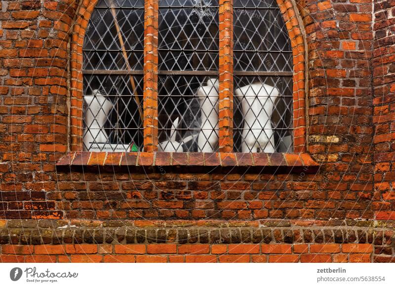 Skulpturen im Fenster altstadt gebäude hafen hafenstadt hanse hansestadt haus himmel horizont küste mecklenburg mv ostsee ostseelküste stralsund strelasund ufer