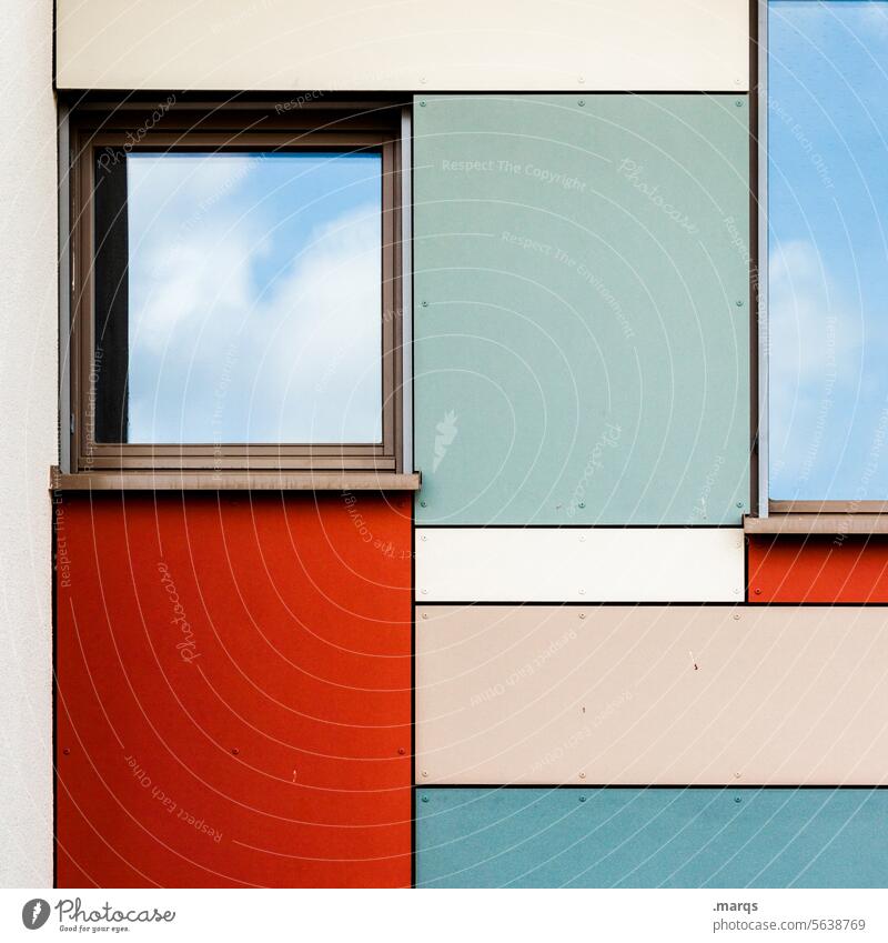 Moderne Fassade Fenster Muster Nahaufnahme Linie Design mehrfarbig modern trendy eckig Architektur Farbe Stil rot Geometrie türkis weiß Reflexion & Spiegelung