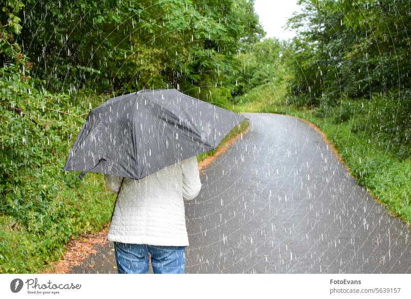 Menschen im Regen mit Regenschirmen in der Natur Weg Weg nach vorne Textfreiraum Nässe Unwetter Klima Konzept rennen nass Wetter Regenschauer kalt grün