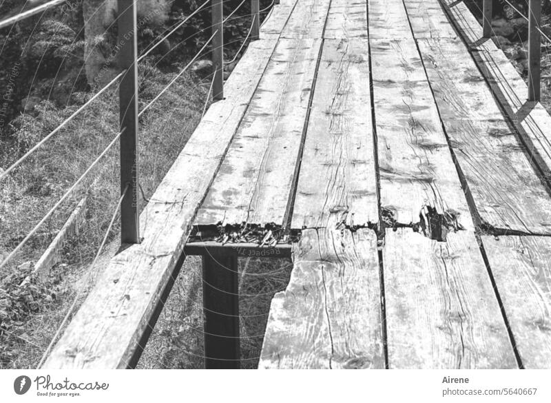 weg damit! | Durchfallgefahr Brücke Holzbrücke Holzbrett Steg Loch morsch kaputt Absturzgefahr geradeaus Geländer wackelig unsicher Balken Gefahr Boden