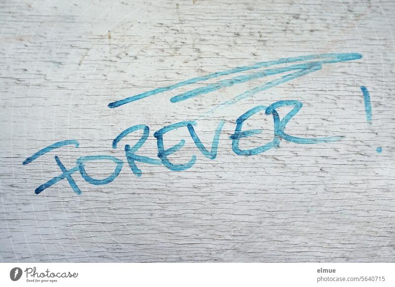 schaun wir mal was wird I FOREVER ! steht in blau an einer grauen Wand forever für immer ewig auf immer ständig englisch Graffiti Versprechen abwarten endgültig