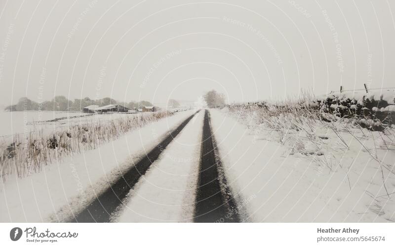 Eine schneebedeckte Landstraße in Northumberland, UK Schnee Winter Straße Bahn ländlich northumberland vereinigtes königreich Bauernhof Landschaft Natur