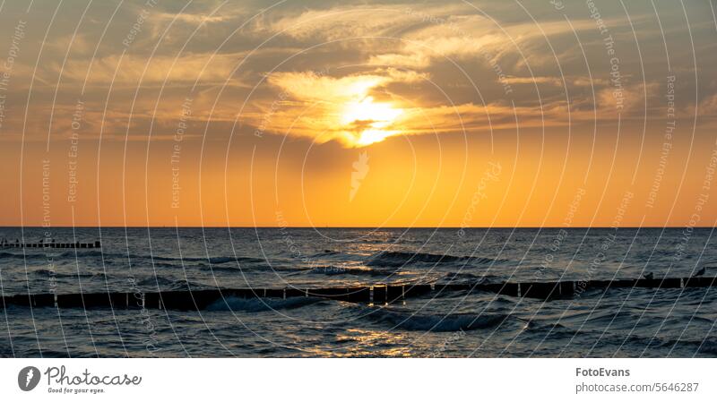 Sonnenuntergang über dem Meer mit Wellenbrechern und Vögeln Horizont Textfreiraum Landschaft Aussehen Natur Konzept Ansicht Urlaub Hintergrund MEER Beitrag