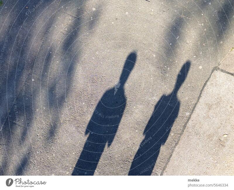 Frühaufsteher machen lange Schatten Personen zwei Silhouette Sonnenlicht Schattenspiel Schattenwurf Licht & Schatten tief Boden Straße Asphalt natürliches Licht