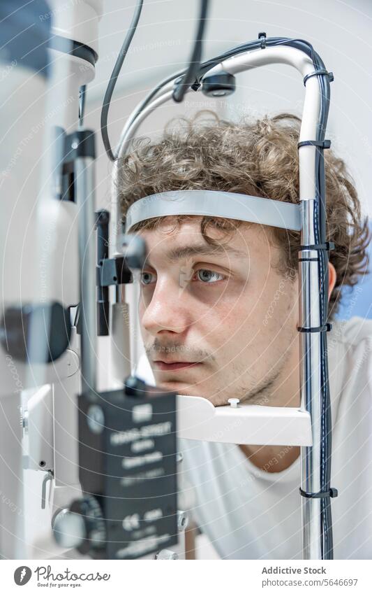 Nachdenklicher junger Mann, der sich mit dem Kinn auf ein Spaltlampen-Biomikroskop im Krankenhaus stützt geduldig besinnlich nachdenklich Stress prüfen anlehnen