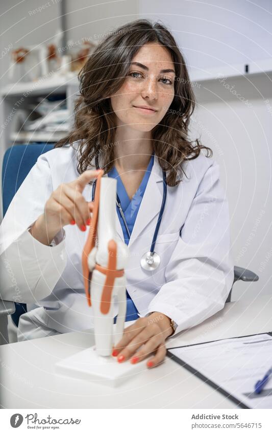 Glückliche Ärztin am Tisch sitzend mit Sehnen- und Muskelfigur in einer Klinik Frau Arzt Uniform Lächeln Stethoskop zeigen Sehne und Muskelfigur